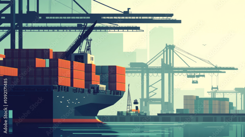 Aufkleber a cargo ship with a crane loads and unloads containers at a port. this is a simplified image of the 