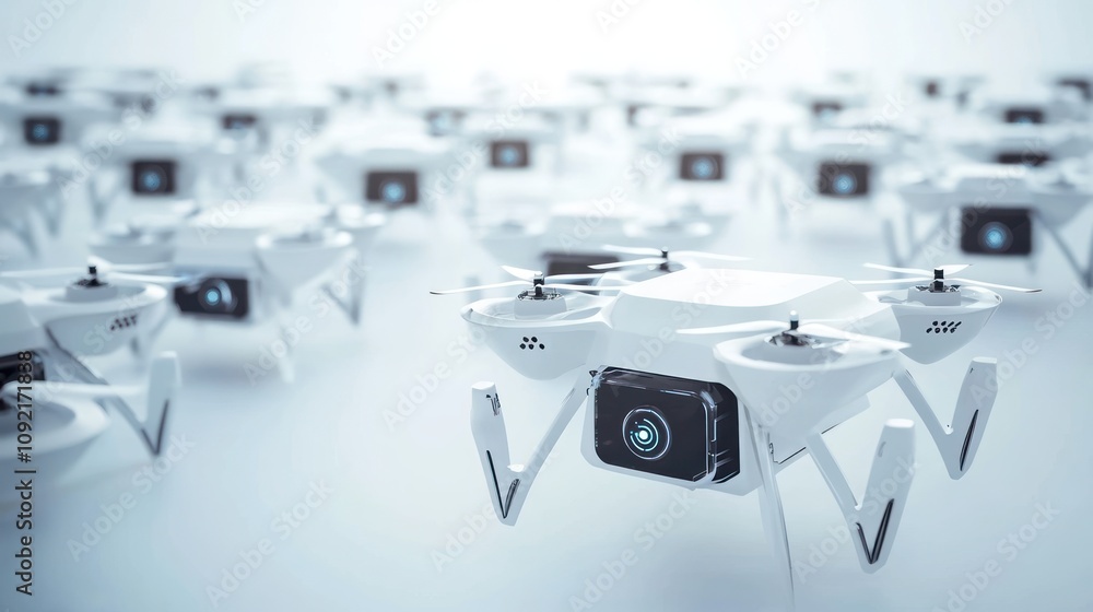 Poster A multitude of white drones arranged in a futuristic setting, showcasing technology.