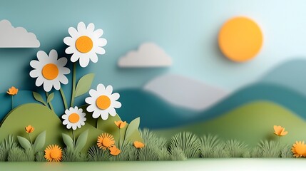 Naklejka premium A whimsical papercut style landscape featuring lush green grass delicate white daisy flowers and a mountainous horizon under a vibrant sky with fluffy clouds and a radiant sun This serene