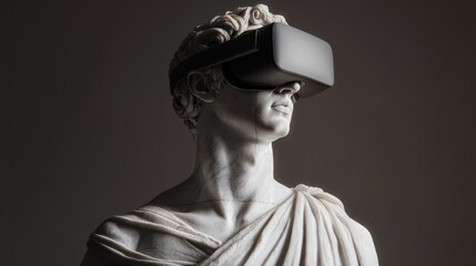 A classical marble statue of a man experiences virtual reality through a modern VR headset, blending the past and future of technology and art.