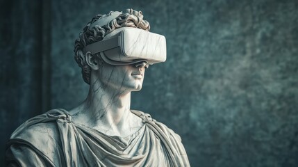 Obraz premium A classical marble statue of a man experiences virtual reality through a modern VR headset, blending the past and future of technology and art.