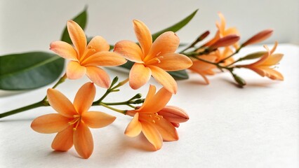 Softly lit orange jasmine flowers on a white surface, soft lighting, white background