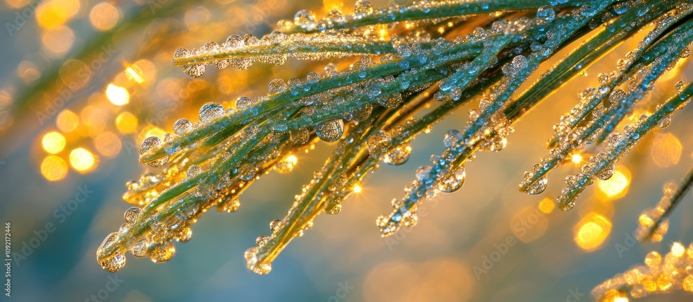 Poster close-up of pine needles covered in dew drops with blurred bokeh lights in the background.