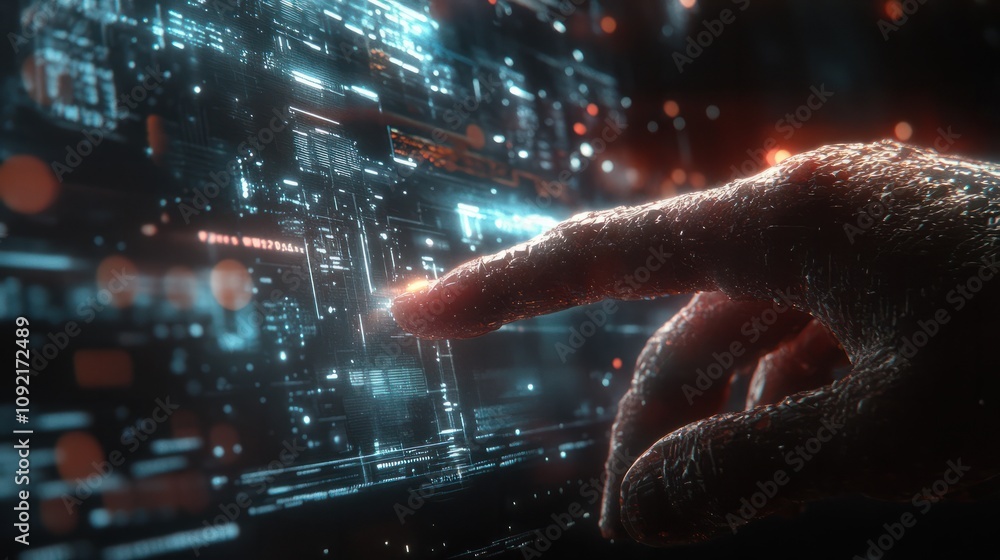 Poster a fingertip touching the digital realm: a moment of interaction in a world of information and data. 