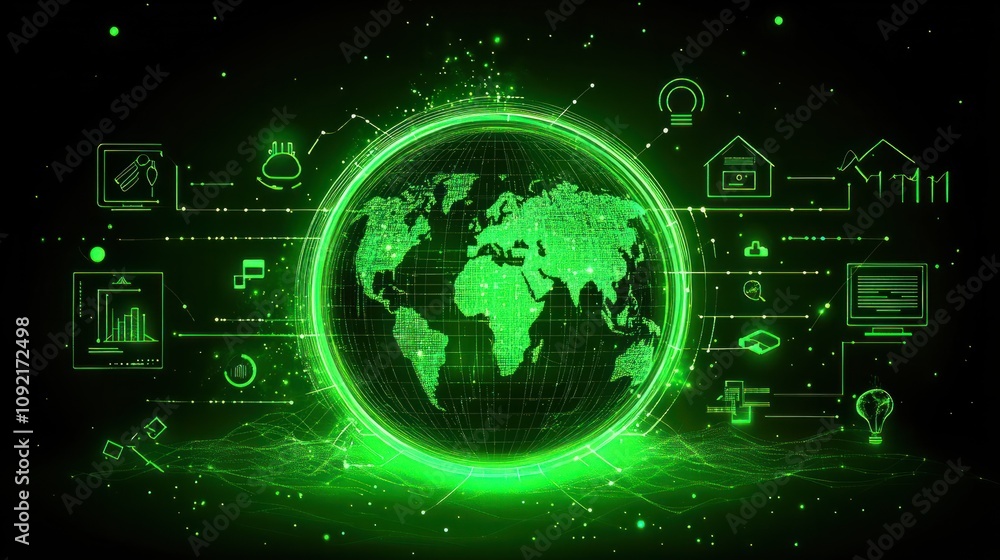Poster a glowing green globe representing the world, surrounded by a network of lines and dots. it includes