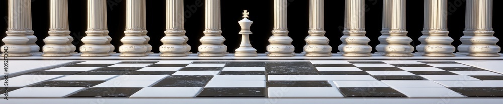 Poster A chessboard with a king piece in front of columns, symbolizing strategy and power.