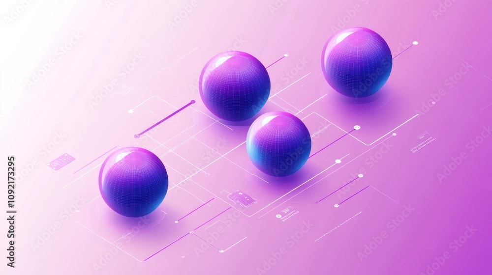 Aufkleber abstract design featuring four purple spheres on a gradient background with digital elements.