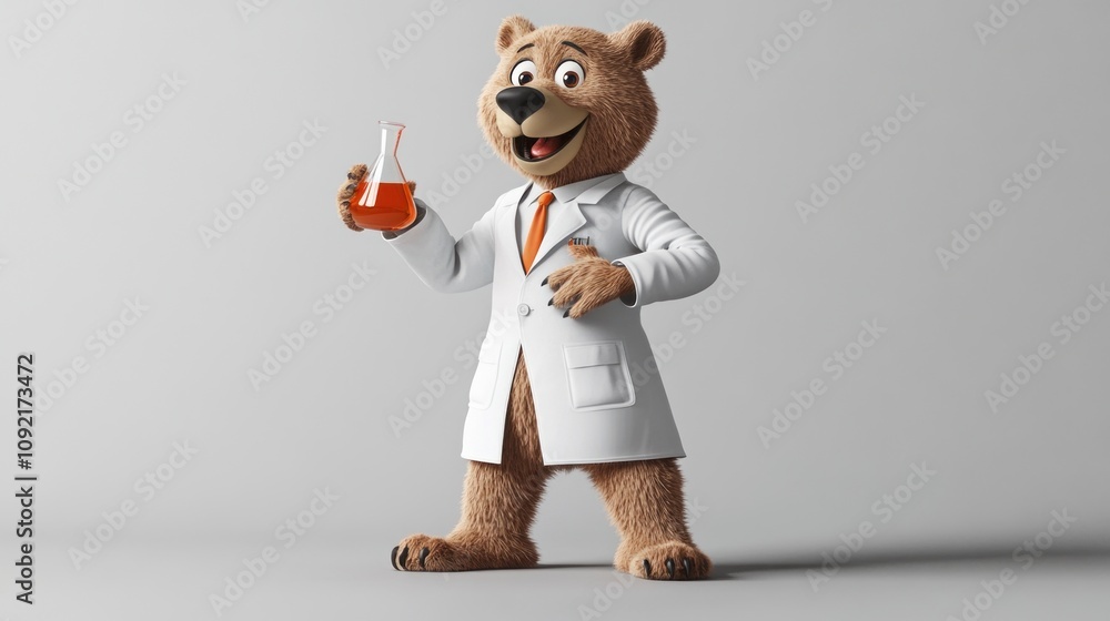Aufkleber a cartoon bear in a lab coat holding a flask, representing science and experimentation.