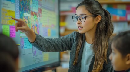 A young female teacher leads a classroom discussion, pointing to a digital display showing a colorful graphic. Students listen intently as she interacts with the touchscreen technology