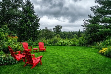 Cloudy day scene, lush green lawn with red patio furniture, award-winning photo.