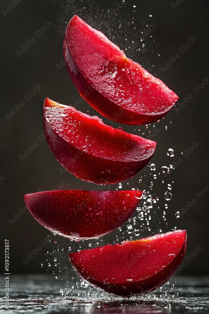 Poster floating red apple slices with water droplets creating a dynamic and fresh visual effect.