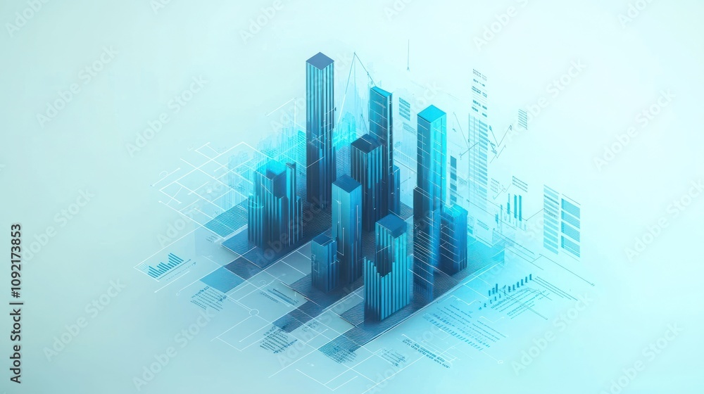 Poster abstract representation of skyscrapers with data visualizations and graphs.