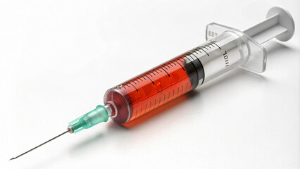 Fototapeta premium syringe filled with red liquid, symbolizing medical use and health. image captures precision of medical instruments and importance of safety in healthcare