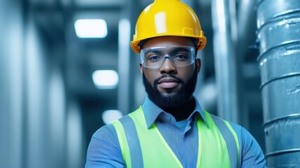 Portrait of an African American construction worker wearing a yellow hard hat and neon safety vest