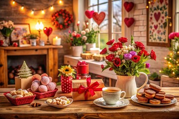 Celebrate Mother's Love on Valentine's Day with a Tilt-Shift Photography Inspired Scene of Heartfelt Gifts, Flowers, and Sweet Treats in a Cozy Home Environment