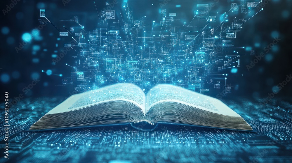 Poster an open book with pages turning into digital data streams, representing the integration of technolog