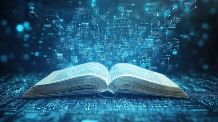 An open book with pages turning into digital data streams, representing the integration of technology and education in AI educational tools.