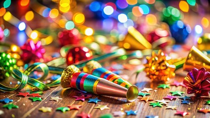 Fototapeta premium Celebrate New Year's Eve with Vibrant Noisemakers in a Tilt-Shift Photography Style, Capturing the Festive Spirit of the Holiday Season with Colorful Confetti and Joyful Decorations