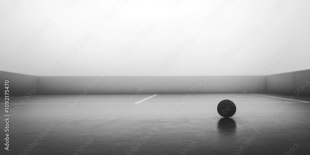 Poster a minimalistic scene featuring a single ball on a smooth surface with a foggy backdrop.