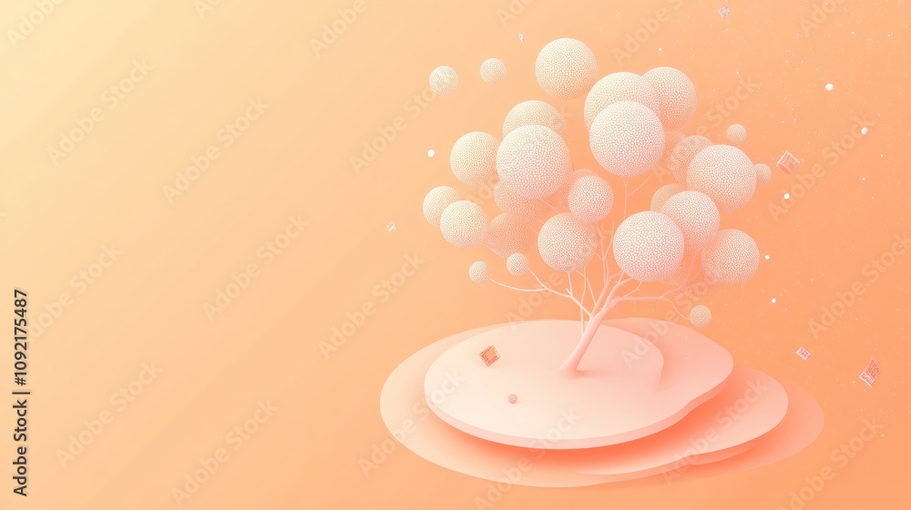 Poster a serene, abstract landscape featuring a stylized tree and floating spheres against a soft backgroun