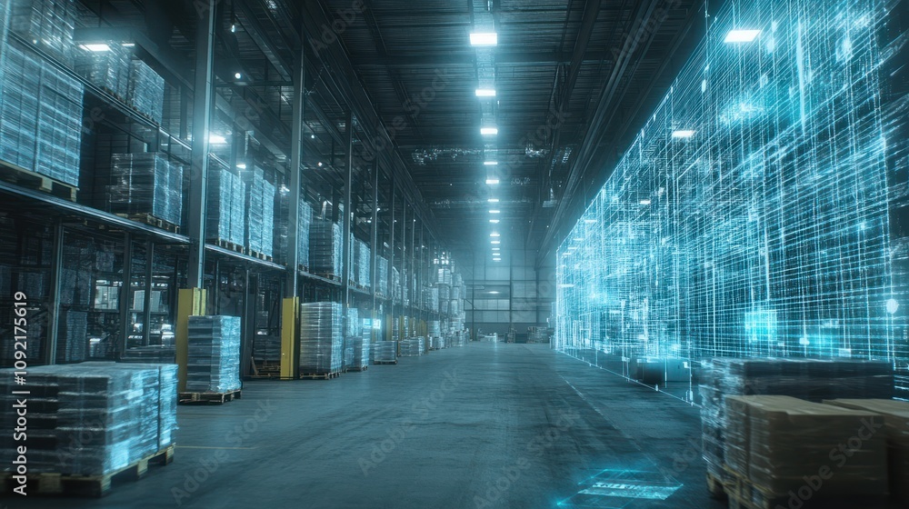 Poster blockchain in supply chain management: a high-definition, photorealistic image of a warehouse with a