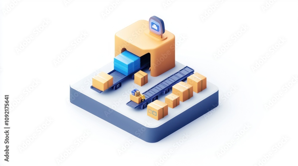 Poster 3D illustration of a loading dock with boxes and a conveyor belt for logistics.