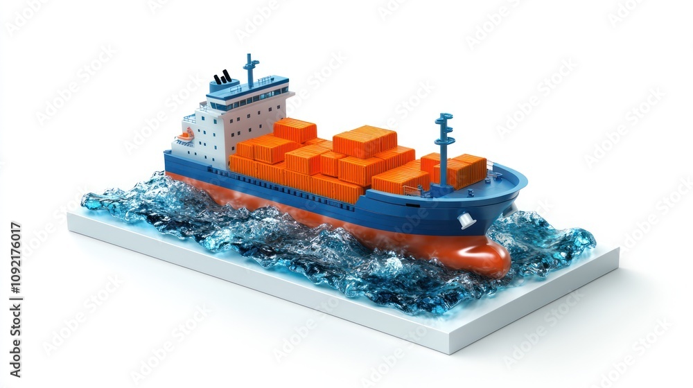 Poster A colorful cargo ship with containers navigating through stylized waves.