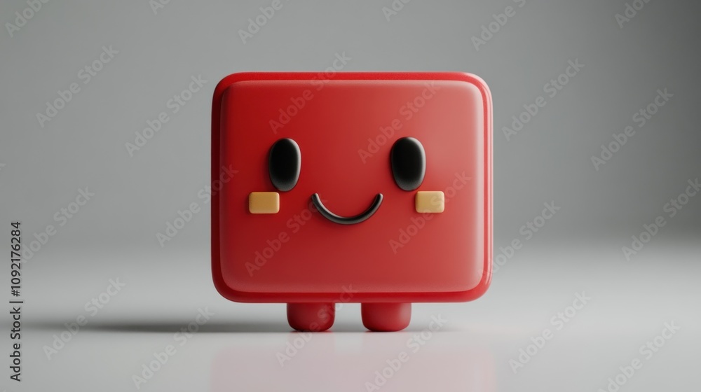 Poster a cute, smiling red block character with small feet and cheeks, designed for playful appeal.