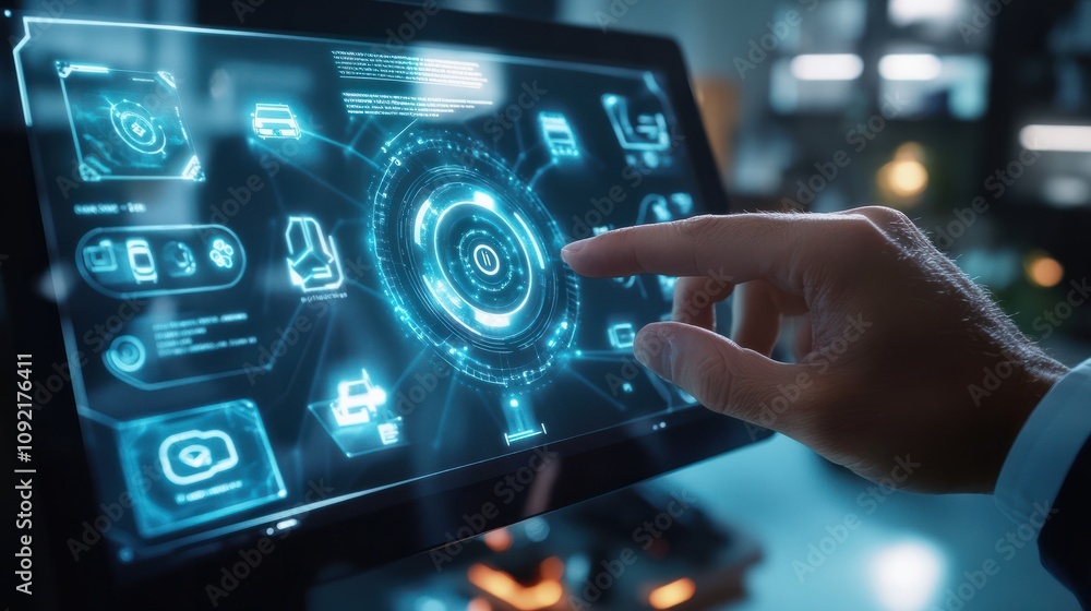Poster businessman presses iot button on virtual screen on background of network smart house devices car dr