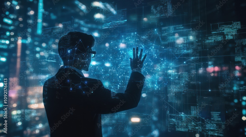 Poster businessman using virtual metaverse and future digital technology , virtual global internet connecti