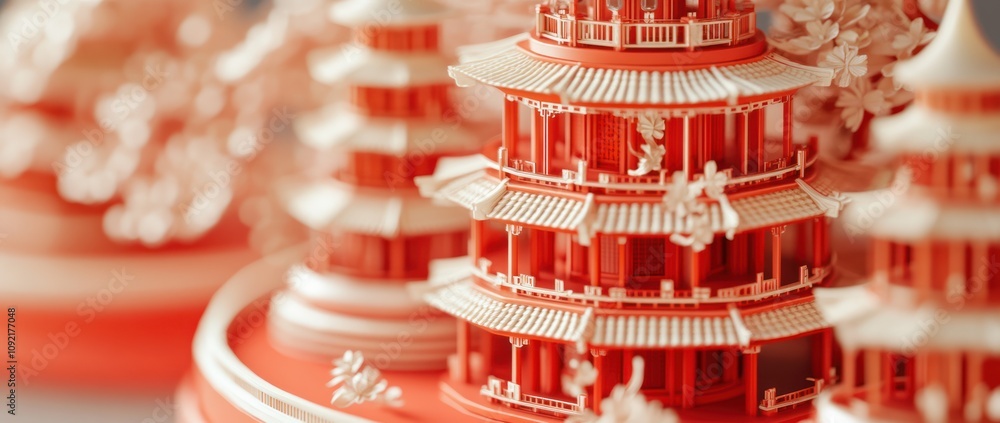 Poster intricate red and white architectural models resembling pagodas and ornamental designs.