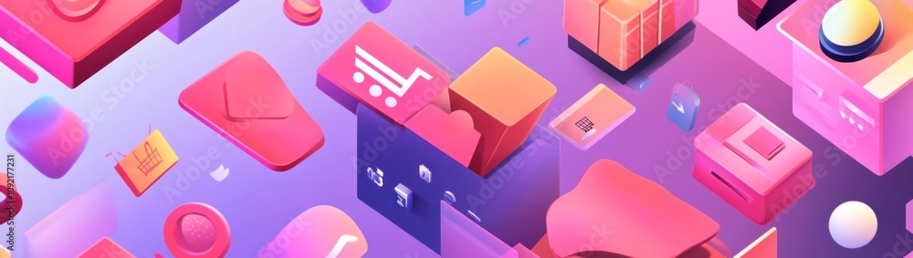 Poster colorful abstract design featuring shopping and digital elements.