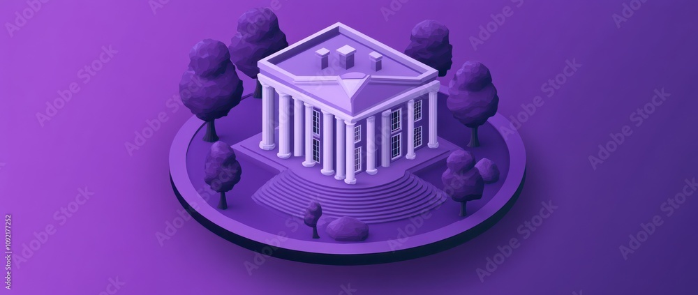 Poster a stylized purple 3d model of a classical building surrounded by trees.