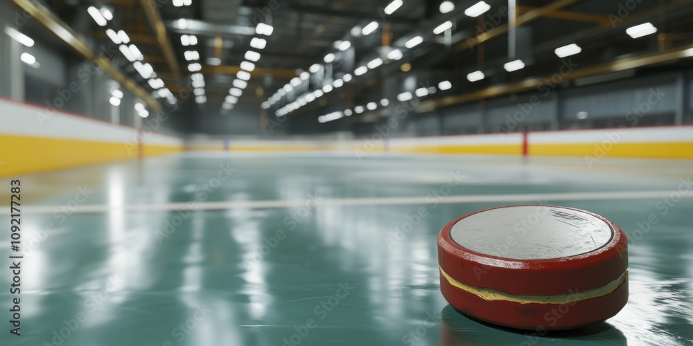 Poster A close-up of a hockey puck on an ice rink with an empty arena in the background.