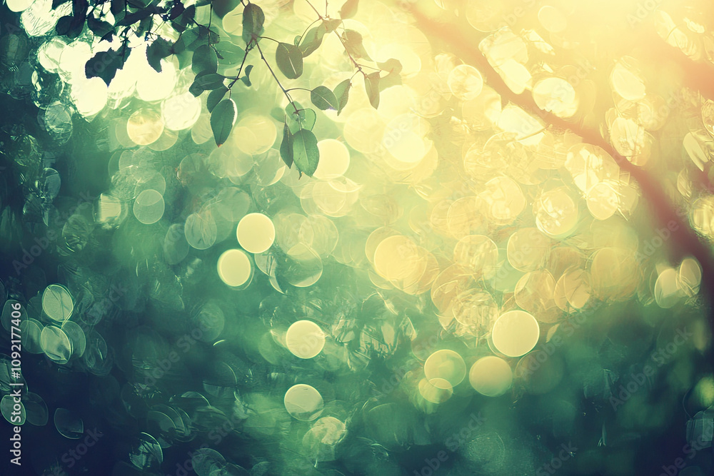 Poster soft sunlight filters through leaves, creating dreamy green bokeh effect