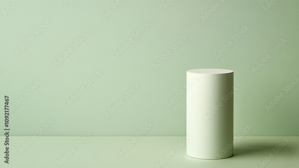 Poster minimalist cylindrical object on soft green background, creating serene atmosphere