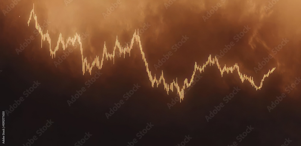 Poster a stylized representation of fluctuating data or trends against a dramatic backdrop.