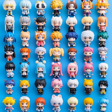2409_130.An assortment of whole, uncropped vibrant anime figurines on  electric blue background, view from above, showcasing diverse varieties, arranged with space around each vibrant anime