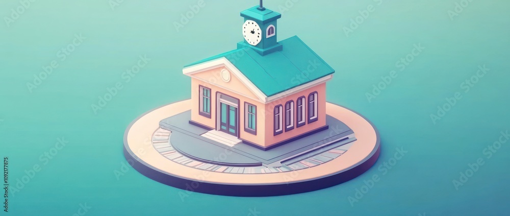 Poster A stylized illustration of a clock tower building with steps and a circular base.