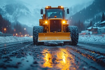 Photo of a Bulldozer on an Asphalt Road at Night with Headlights On