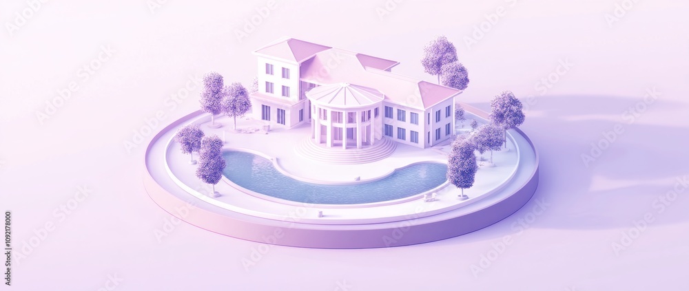 Poster A stylized mansion surrounded by a circular pond and trees in a pastel color scheme.