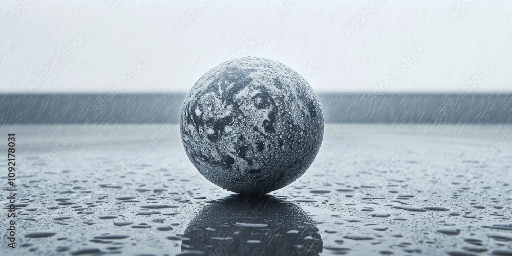 Poster A textured sphere rests on a wet surface, surrounded by falling rain, creating a moody atmosphere.