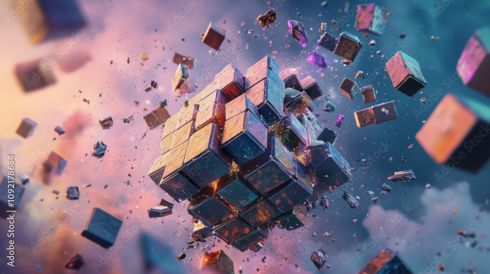 Poster a 3d image shows connected blocks forming a cube, then breaking into smaller pieces against a digita