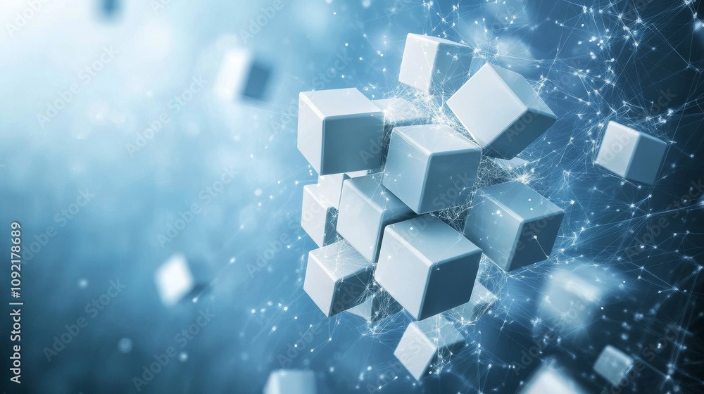 Poster a 3d image shows connected blocks forming a cube, then breaking into smaller pieces against a digita