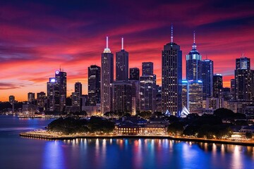 Obraz premium Captivating Urban Scenery of Sydney Skyline at Night with Sparkling Buildings and Vivid Sunset Background