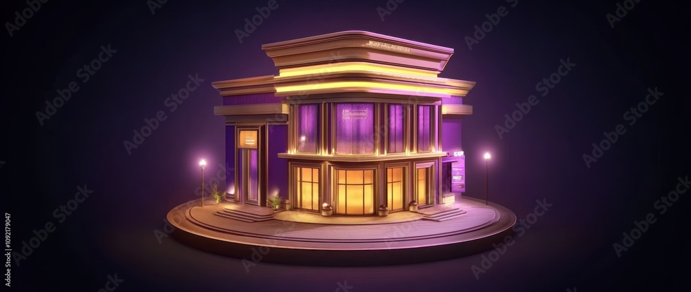 Poster a stylized modern building with vibrant lighting and a circular pathway.