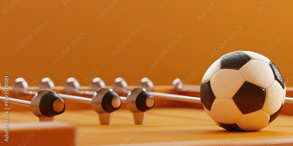 Poster a close-up of a foosball table with a soccer ball and players in a vibrant setting.