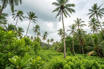 Obraz premium Leafy Greenery Seamless Background with Coconut Trees, coconut trees, tropical landscape, garden backdrop