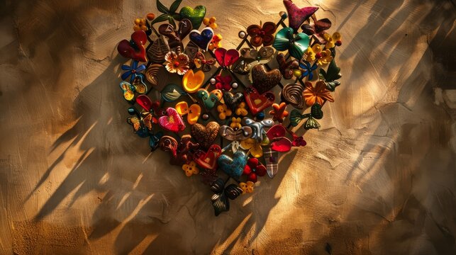 A collection of diverse cultural symbols forming a heart,Creative representation of unity and love