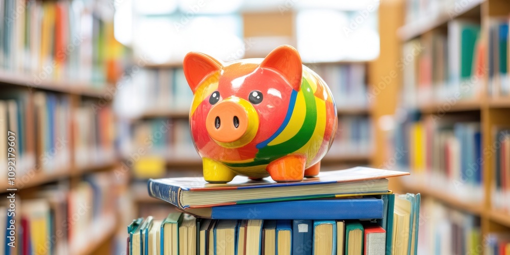 Poster a colorful piggy bank placed on a stack of books in a library setting.
